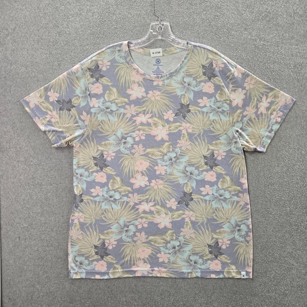 Hurley Men Shirt XL Blue Floral Hawaiian Short Sleeve Crew Neck Tee